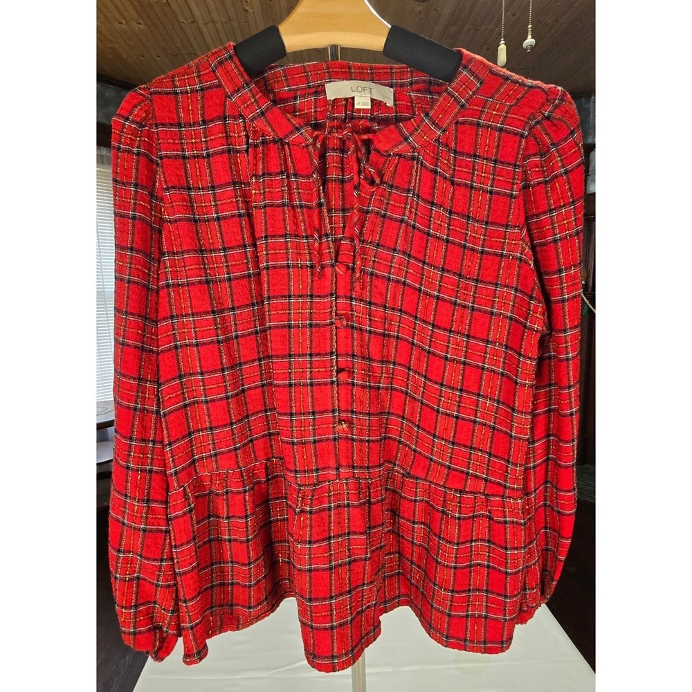 LOFT Petites MP Red Plaid Metallic Peplum Tie Neck Long Sleeve Blouse